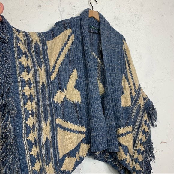 Lauren Ralph Lauren Vintage Aztec Knitted Wool Linen Blend Poncho Shawl Cardigan - Picture 5 of 16